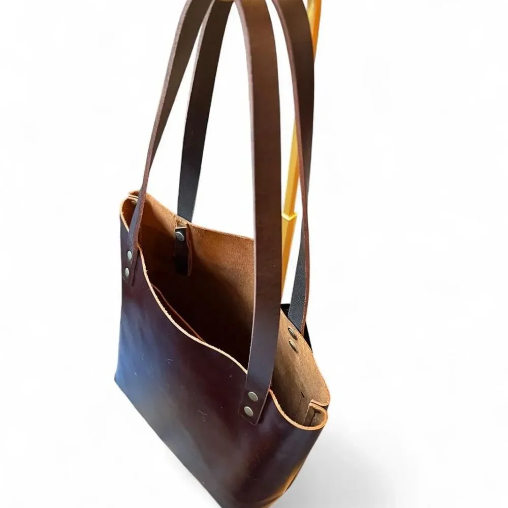 Portland Leather Goods Dark Brown Leather Tote Shoulder Bag Front Pocket